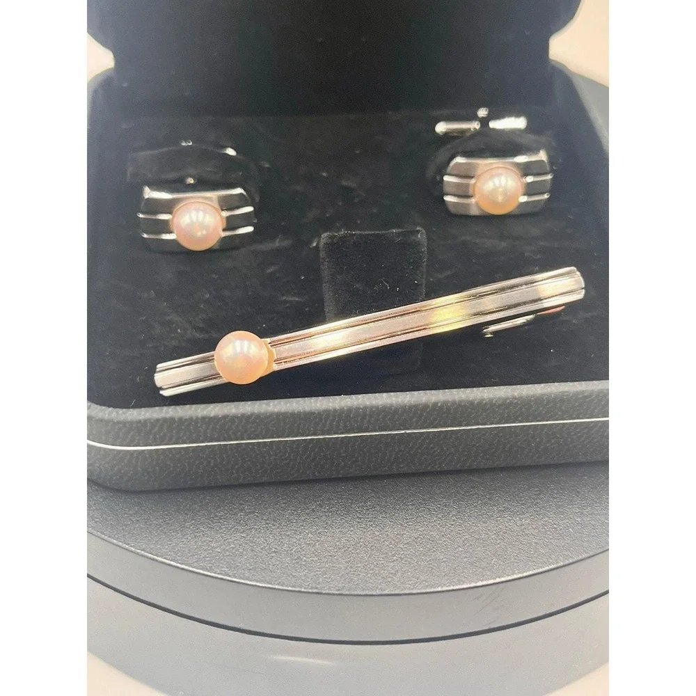 Japanese Vintage Akoya Pearl Tie Clip Cuff Link Set 2013 Japan 10k Gold Plated